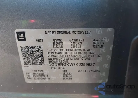 2019 Chevrolet Traverse 1Lt z USA, uszkodzony, nr VIN 1GNERGKW7KJ259627